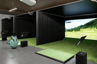 indoor golf simulator 3d rendering, golf arena, outdoor sports facility, ceiling
