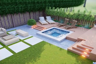 design backyard landscaping with pool, patio, and garden features
