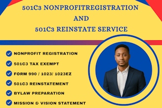 do non profit registration, 501c3 tax exempt, file form 990, 1023ez,ein, bylaws