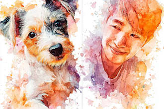 draw aesthetic watercolor pet portrait dog, cat, family, etc