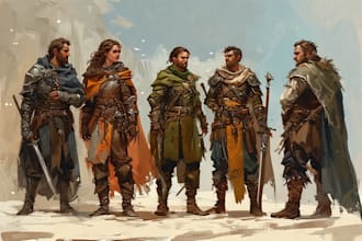 draw dnd party art, fantasy illustration, concept art, character design