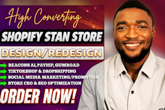 shopify store design tik tok shop stan store design,beacons ai gumroad payhip