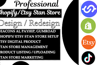 setup stan store, beacons ai, etsy digital products and marketing