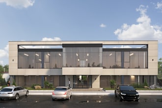 remodel 3d interior, exterior workspace, stylish glass office, 2d floor plan,cgi