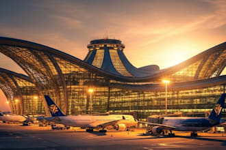 do 3d rendering for airport design, airplane hanger, airport waiting room