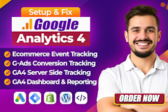 setup and manage google analytics 4, ga4 ecommerce tracking, ads tracking by GTM