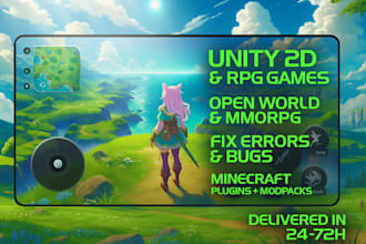 develop unity 2d game, open world rpg, mmorpg, fix errors, modpacks, UI