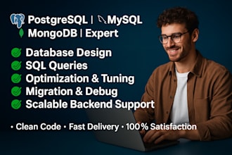design postgresql, mysql, mongodb database with sql queries and optimization