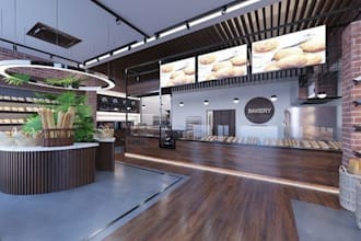 retouch 3d modern bakery shop, restaurant interior,coffee shop, cafe render, cgi