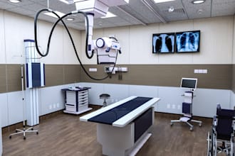 design a realistic 3d cgi hospital walkway or xray lab interior