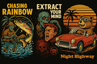 design vintage t shirt, retro design, comic style streetwear or fishing art