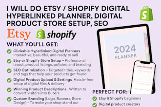 etsy shopify digital hyperlinked planner, digital product store setup, seo
