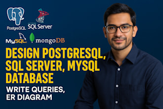 design postgresql, sql server, mysql database, write queries, er diagram, mongod