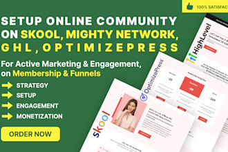 setup skool online community, mighty network, gohighlevel, optimizepress