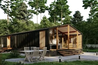 realistic 3d frame design, tiny cabin house, container wood structure rendering