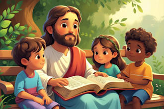 create christian children book illustration, kids bible story book cover