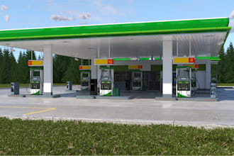 redesign filling station,fuel, charging station design, market, shop mall render