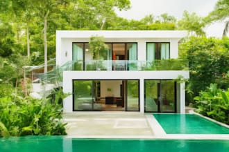 remodel 3d tropical villa, house landscape, photovoltaic,bricks house,vectorwork