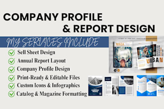 design company profiles, catalogs, magazines, sell sheets and annual reports