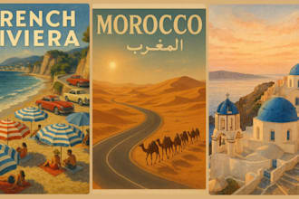 make vintage, retro, art deco, realistic travel poster or landscape illustration