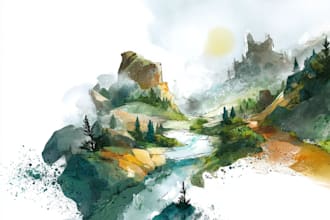 paint watercolor landscape with mountains, sea, yachts, houses