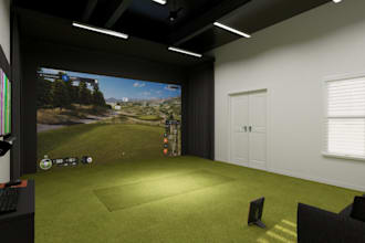 3d indoor golf rendering,bays design,interior wall golf,putting green, foresight