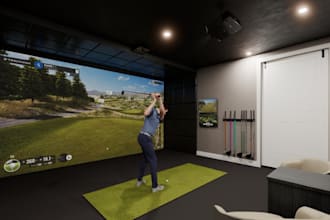 custom house renovation,golf interior render, golf screen simulator, wall system
