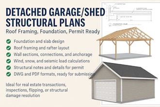 detached garage shed structural plans roof framing foundation permit ready
