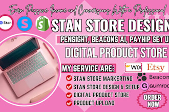 do stan store marketing setup, beacons ai payhip gumroad digital product design