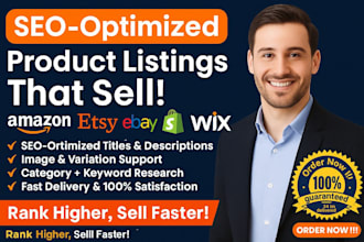 do product listing with SEO for amazon, ebay, walmart, shopify, and wix