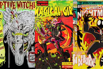 draw retro vintage horror comic cover art, vintage retro comic poster, pop art