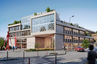3d facade office work,landscape,wall design,lounge space,parking lot,wall glass