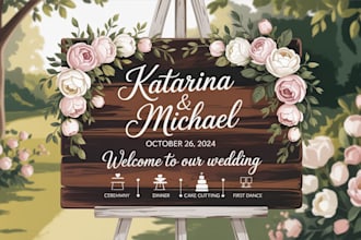 design stylish wedding signs, seating charts, and timelines