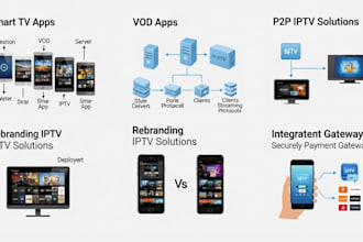 build smart TV apps, vod apps, p2p iptv rebrand iptv apps, and integrate payment