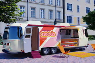 design and render food court, booth, truck, van, bus, kiosk, container shop