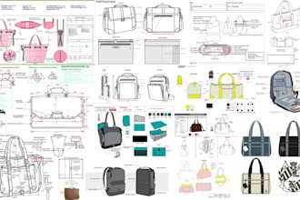 design fashion handbag, any bags, backpack, technical drawing and tech pack
