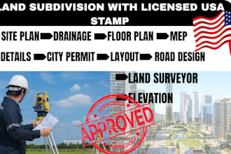 draw  subdivision of land,  land survey plan, mep and stamp