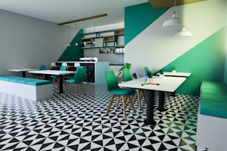 craft 3d interior restaurant design, container coffee shop, commercial space,cgi