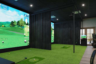 renovate 3d golf simulator,isometric view,sports bar,golf interior,cgi rendering