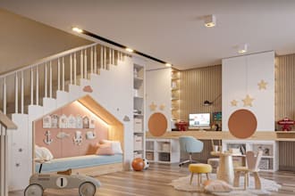 renovate 3d modern kids playroom,play area, gaming room, reading nook,cgi render