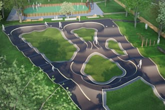 redesign 3d golf course,landscape rendering, green turf, scenery, ceiling layout