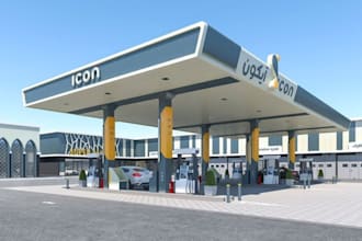design realistic 3d filling station, car wash area, supermarket interiors