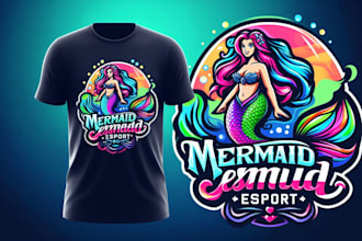 design a unique mermaid t shirt logo with fantasy and oceanic vibes