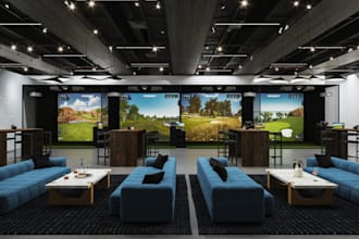 render photorealistic interior game room, celling lighting,indoor golf simulator