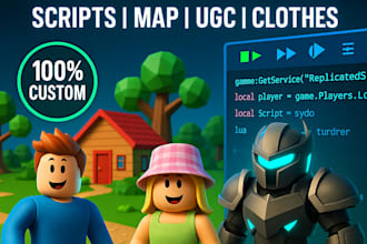 develop full roblox game, roblox script, full map, roblox cloths, armor, ugc