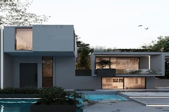 redesign contemporary villa, panoramic windows, glass, facade exterior rendering