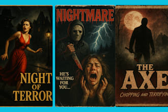 design horror movie, retro vintage, comic, art deco, and landscape movie