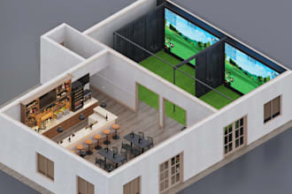 design golf showroom, golf course, sim, golf club lounge, gaming arenas, ceiling
