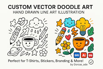 create custom vector doodle art, line art illustration, hand drawn design