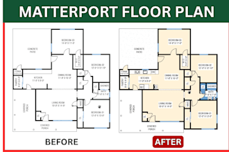 redraw floor plans from matterport sketch architectural plan